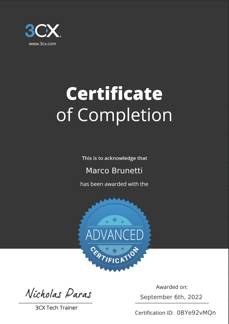 Certificato 3CX Advanced